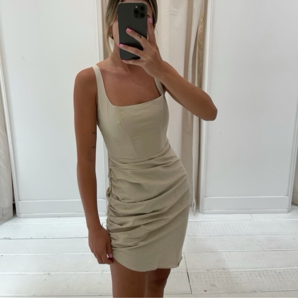 Animari Beige Ruched Bodycon Mini Dress Square Neck Size L